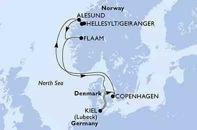 MSC GRANDIOSA - Itinerario di 7 notti partendo da KIEL, GERMANY il 21/05/2022 - Kiel,Copenhagen,Hellesylt/Geiranger,Alesund,Flaam,Kiel