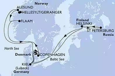 St Petersburg,Helsinki,Kiel,Copenhagen,Hellesylt/Geiranger,Alesund,Flaam,Kiel,Copenhagen,Helsinki,St Petersburg