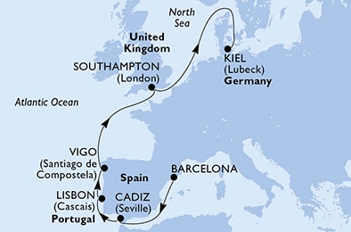 Barcelona,Cadiz,Lisbon,Vigo,Southampton,Kiel