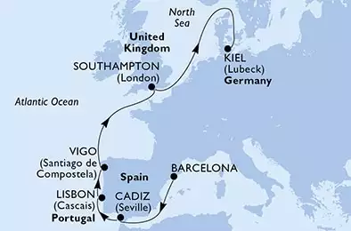 MSC GRANDIOSA - Itinerario di 9 notti partendo da BARCELONA, SPAIN il 28/04/2022 - Barcelona,Cadiz,Lisbon,Vigo,Southampton,Kiel