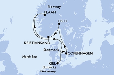 Copenhagen,Oslo,Kristiansand,Flaam,Kiel,Copenhagen