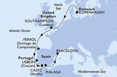 Copenhagen,Southampton,Ferrol,Lisbon,Cadiz,Malaga,Barcelona