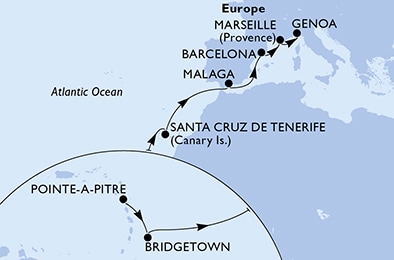 Pointe-a-Pitre,Bridgetown,Santa Cruz de Tenerife,Malaga,Barcelona,Marseille,Genoa