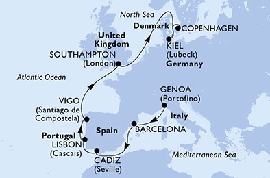 Genoa,Barcelona,Cadiz,Lisbon,Vigo,Southampton,Kiel,Copenhagen
