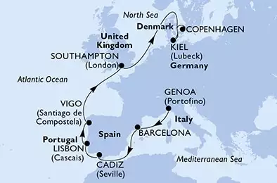MSC GRANDIOSA - Itinerario di 11 notti partendo da GENOVA il 27/04/2022 - Genoa,Barcelona,Cadiz,Lisbon,Vigo,Southampton,Kiel,Copenhagen