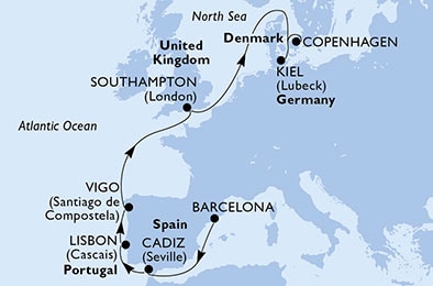 Barcelona,Cadiz,Lisbon,Vigo,Southampton,Kiel,Copenhagen