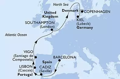 MSC GRANDIOSA - Itinerario di 10 notti partendo da BARCELONA, SPAIN il 28/04/2022 - Barcelona,Cadiz,Lisbon,Vigo,Southampton,Kiel,Copenhagen