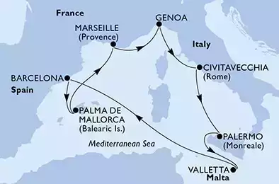MSC GRANDIOSA - Itinerario di 9 notti partendo da GENOVA il 18/04/2022 - Genoa,Civitavecchia,Palermo,Valletta,Barcelona,Palma de Mallorca,Palma de Mallorca,Marseille,Genoa