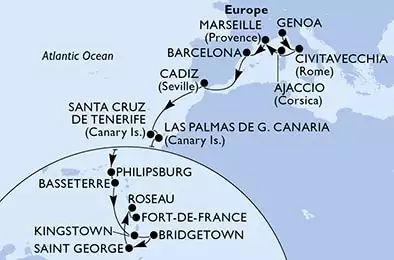 MSC SEAVIEW - Itinerario di 21 notti partendo da GENOVA il 13/11/2021 - Italia, Francia, Spagna, Antille Olandesi, Saint Kitts - Nevis, Saint Vincent & The Grenadines, Barbados, Grenada, Dominica, Martinica