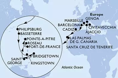 MSC SEAVIEW - Itinerario di 22 notti partendo da GENOVA il 13/11/2021 - Italia, Francia, Spagna, Antille Olandesi, Saint Kitts - Nevis, Saint Vincent & The Grenadines, Barbados, Grenada, Dominica, Martinica, Guadalupe