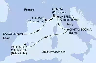 MSC GRANDIOSA - Itinerario di 6 notti partendo da BARCELONA, SPAIN il 24/09/2022 - Barcelona,Cannes,Genoa,La Spezia,Civitavecchia,Palma de Mallorca