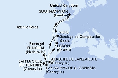 Southampton,Lisbon,Funchal,Las Palmas de G.Canaria,Santa Cruz de Tenerife,Arrecife de Lanzarote,Vigo,Southampton
