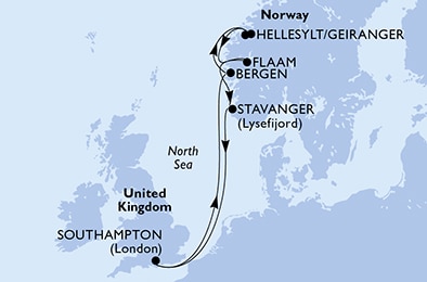 Southampton,Bergen,Hellesylt/Geiranger,Flaam,Stavanger,Southampton