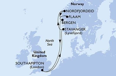Southampton,Stavanger,Nordfjordeid,Flaam,Bergen,Southampton