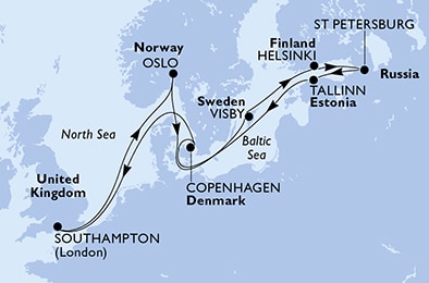 Southampton,Oslo,Visby,Helsinki,St Petersburg,Tallinn,Copenhagen,Southampton