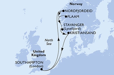 Southampton,Nordfjordeid,Flaam,Stavanger,Kristiansand,Southampton