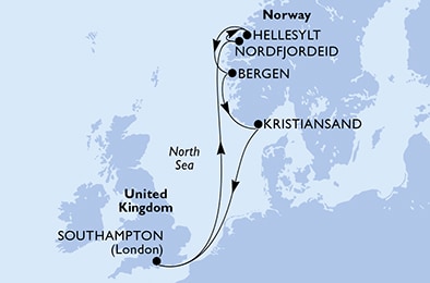 Southampton,Nordfjordeid,Hellesylt,Bergen,Kristiansand,Southampton