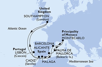 Southampton,Cadiz,Malaga,Alicante,Palma de Mallorca,Montecarlo,Barcelona,Lisbon,Southampton