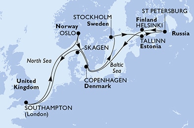 Southampton,Oslo,Copenhagen,Stockholm,Tallinn,St Petersburg,Helsinki,Skagen,Southampton