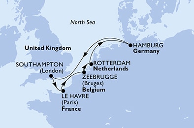 Southampton,Le Havre,Zeebrugge,Rotterdam,Hamburg,Southampton