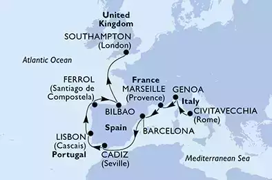 MSC MAGNIFICA - Itinerario di 11 notti partendo da CIVITAVECCHIA il 18/04/2022 - Italia, Francia, Spagna, Portogallo, Regno Unito