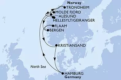 MSC ORCHESTRA  - Itinerario di 11 notti partendo da HAMBURG, GERMANY il 27/04/2022 - Hamburg,Alesund,Trondheim,Molde Fjord,Hellesylt/Geiranger,Bergen,Flaam,Kristiansand,Hamburg Cruise Parade,Hamburg