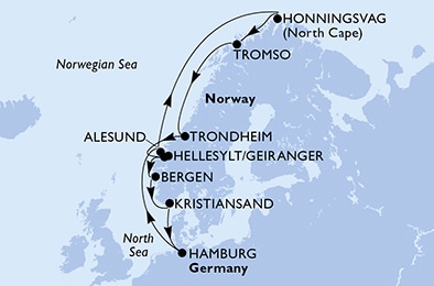 Hamburg,Alesund,Honningsvag,Tromso,Trondheim,Hellesylt/Geiranger,Bergen,Kristiansand,Hamburg