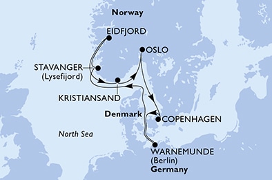 Warnemunde,Stavanger,Eidfjord,Kristiansand,Oslo,Copenhagen,Warnemunde