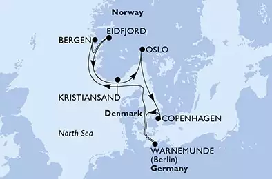 MSC POESIA - Itinerario di 7 notti partendo da WARNEMÜNDE, GERMANIA il 14/08/2022 - Warnemunde,Bergen,Eidfjord,Kristiansand,Oslo,Copenhagen,Warnemunde