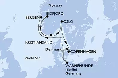 MSC POESIA - Itinerario di 7 notti partendo da WARNEMÜNDE, GERMANIA il 28/08/2022 - Warnemunde,Bergen,Eidfjord,Kristiansand,Oslo,Copenhagen,Warnemunde