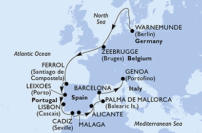 Warnemunde,Zeebrugge,Ferrol,Leixoes,Lisbon,Cadiz,Malaga,Alicante,Palma de Mallorca,Barcelona,Genoa