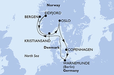 Copenhagen,Warnemunde,Bergen,Eidfjord,Kristiansand,Oslo,Copenhagen