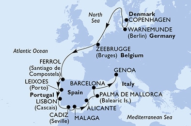 Copenhagen,Warnemunde,Zeebrugge,Ferrol,Leixoes,Lisbon,Lisbon,Cadiz,Malaga,Alicante,Palma de Mallorca,Barcelona,Genoa