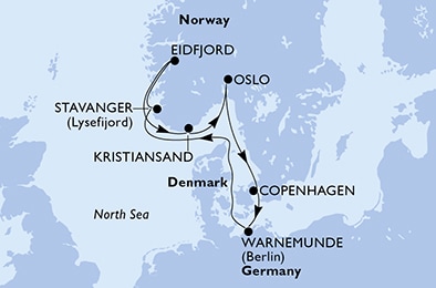 Copenhagen,Warnemunde,Stavanger,Eidfjord,Kristiansand,Oslo,Copenhagen