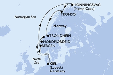 Kiel,Bergen,Honningsvag,Tromso,Trondheim,Nordfjordeid,Kiel