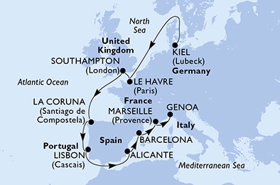 Kiel,Le Havre,Southampton,La Coruna,Lisbon,Alicante,Barcelona,Marseille,Genoa
