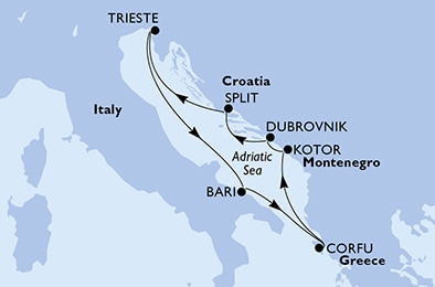 Trieste,Bari,Corfu,Kotor,Dubrovnik,Split,Trieste