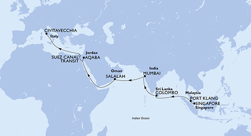 Singapore,Port Klang,Colombo,Mumbai,Mumbai,Salalah,Aqaba,Suez Canal South,Suez Canal North,Civitavecchia