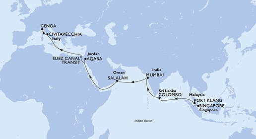 Singapore,Port Klang,Colombo,Mumbai,Mumbai,Salalah,Aqaba,Suez Canal South,Suez Canal North,Civitavecchia,Genoa