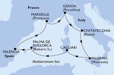 Cagliari,Palma de Mallorca,Valencia,Marseille,Genoa,Civitavecchia,Palermo,Cagliari