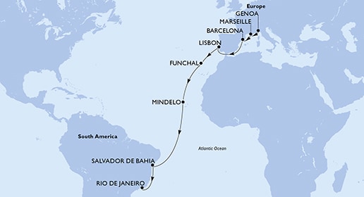 Genoa,Marseille,Barcelona,Lisbon,Funchal,Mindelo,Salvador,Rio de Janeiro,Rio de Janeiro