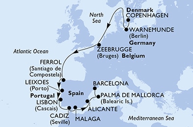 Copenhagen,Warnemunde,Zeebrugge,Ferrol,Leixoes,Lisbon,Lisbon,Cadiz,Malaga,Alicante,Palma de Mallorca,Barcelona