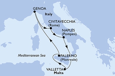 Naples,Valletta,Palermo,Genoa,Civitavecchia,Naples