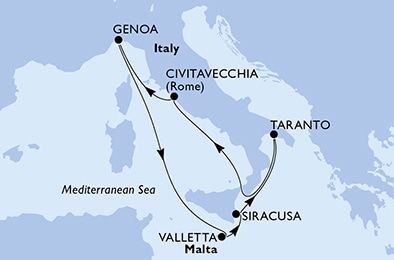 Siracusa,Taranto,Civitavecchia,Genoa,Valletta,Siracusa