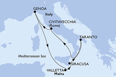 MSC SEASIDE - Itinerario di 7 notti partendo da TARANTO,  ITALY il 12/05/2021 - Taranto,Civitavecchia,Genoa,Valletta,Siracusa,Taranto