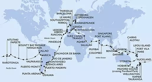 MSC POESIA - Itinerario di 129 notti partendo da GENOVA il 05/01/2022 - Italia, Francia, Spagna, Portogallo, Capo Verde, Brasile, Argentina, Uruguay, Cile, Peru, Isole Pitcairn, Polinesia Francese, Isole Cook, Nuova Zelanda, Australia, Nuova Caledonia, Vanuatu, Papua Nuova Guinea, Indonesia, Singapore, Malesia, Sri Lanka, India, Oman, Giordania, Egitto, Regno Unito, Svezia, Danimarca, Germania