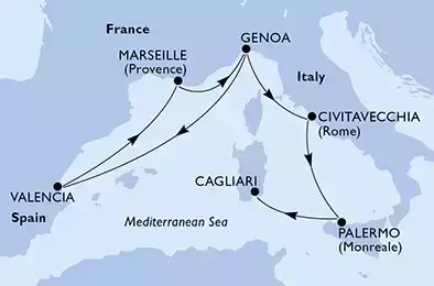 Genoa,Valencia,Marseille,Genoa,Civitavecchia,Palermo,Cagliari