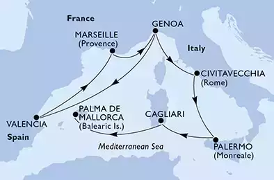 Genoa,Valencia,Marseille,Genoa,Civitavecchia,Palermo,Cagliari,Palma de Mallorca
