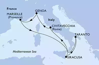 MSC SEASIDE - Itinerario di 7 notti partendo da SIRACUSA,  ITALIA il 27/07/2021 - Siracusa,Taranto,Civitavecchia,Genoa,Marseille,Siracusa