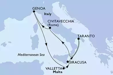 Siracusa,Taranto,Civitavecchia,Genoa,Valletta,Siracusa